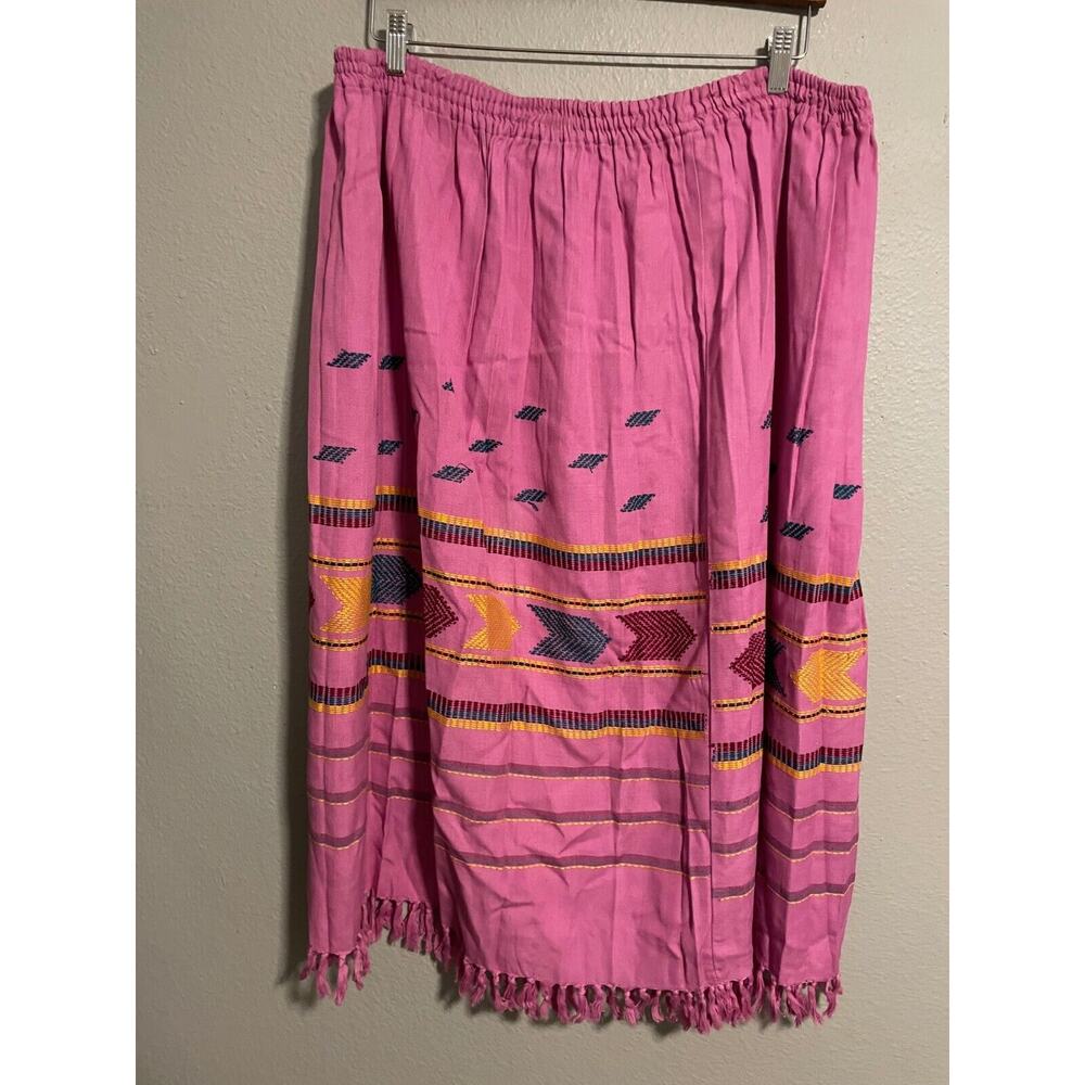 Vintage Thums Up Womens Skirt Large Pink Aztec Embroidered Fringe Southwestern